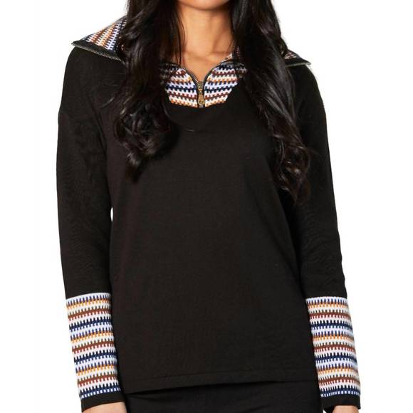 NEW ANGEL APPAREL zip collar sweater in black/multi (a/s) - Picture 1 of 3
